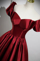 A-Line Burgundy Satin Floor Length Prom Dress Outfits For Girls, Off the Shoulder New Party Dress