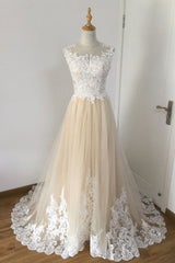 A-line Champagne with White Lace Round Neckline Party Dress Outfits For Girls, Beautiufl Wedding Party Dresses