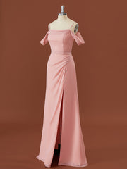 A-line Chiffon Cold Shoulder Pleated Floor-Length Bridesmaid Dress