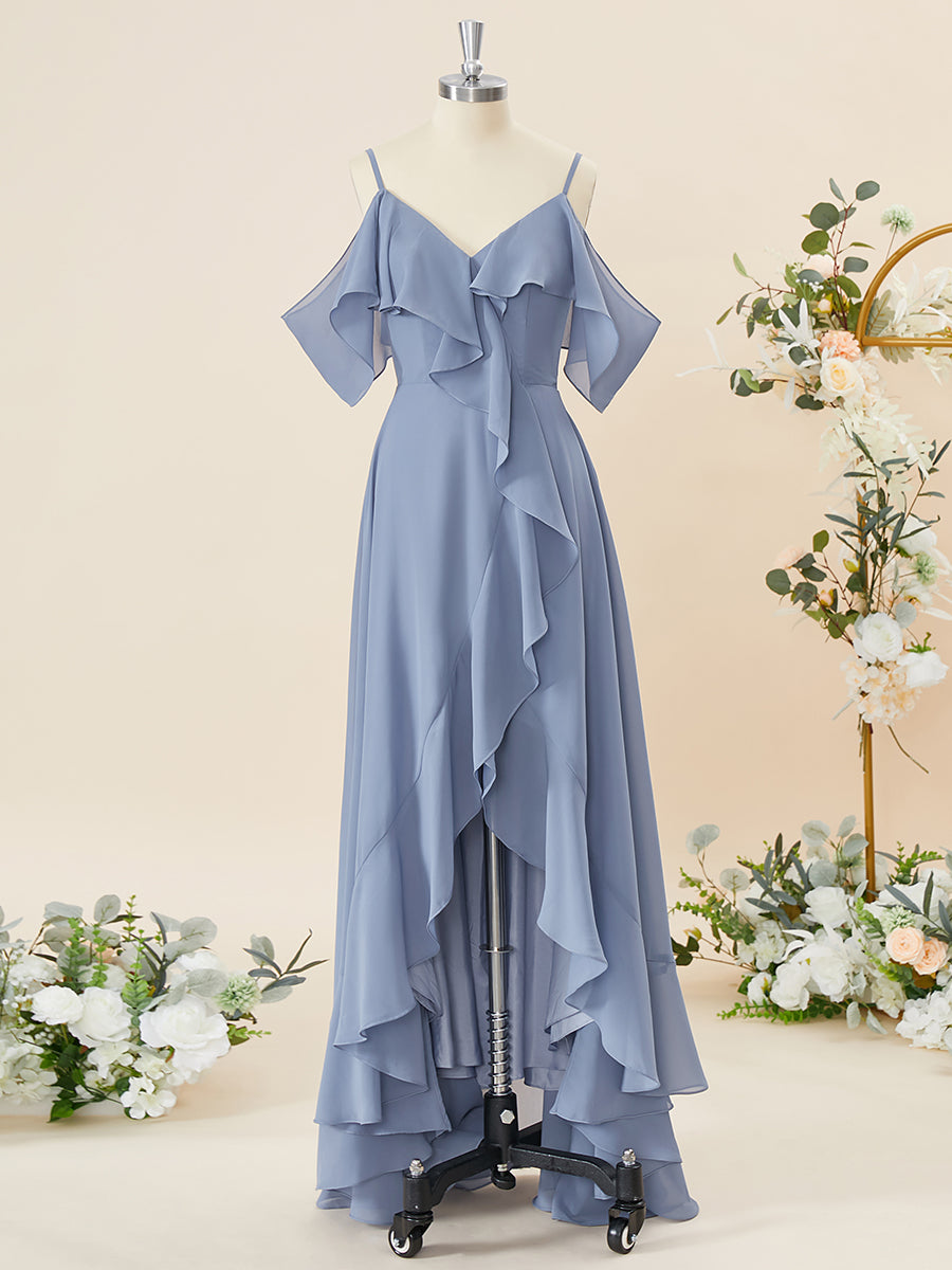 A-line Chiffon Cold Shoulder Ruffles Asymmetrical Bridesmaid Dress