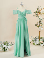 A-line Chiffon Cold Shoulder Ruffles Floor-Length Bridesmaid Dress