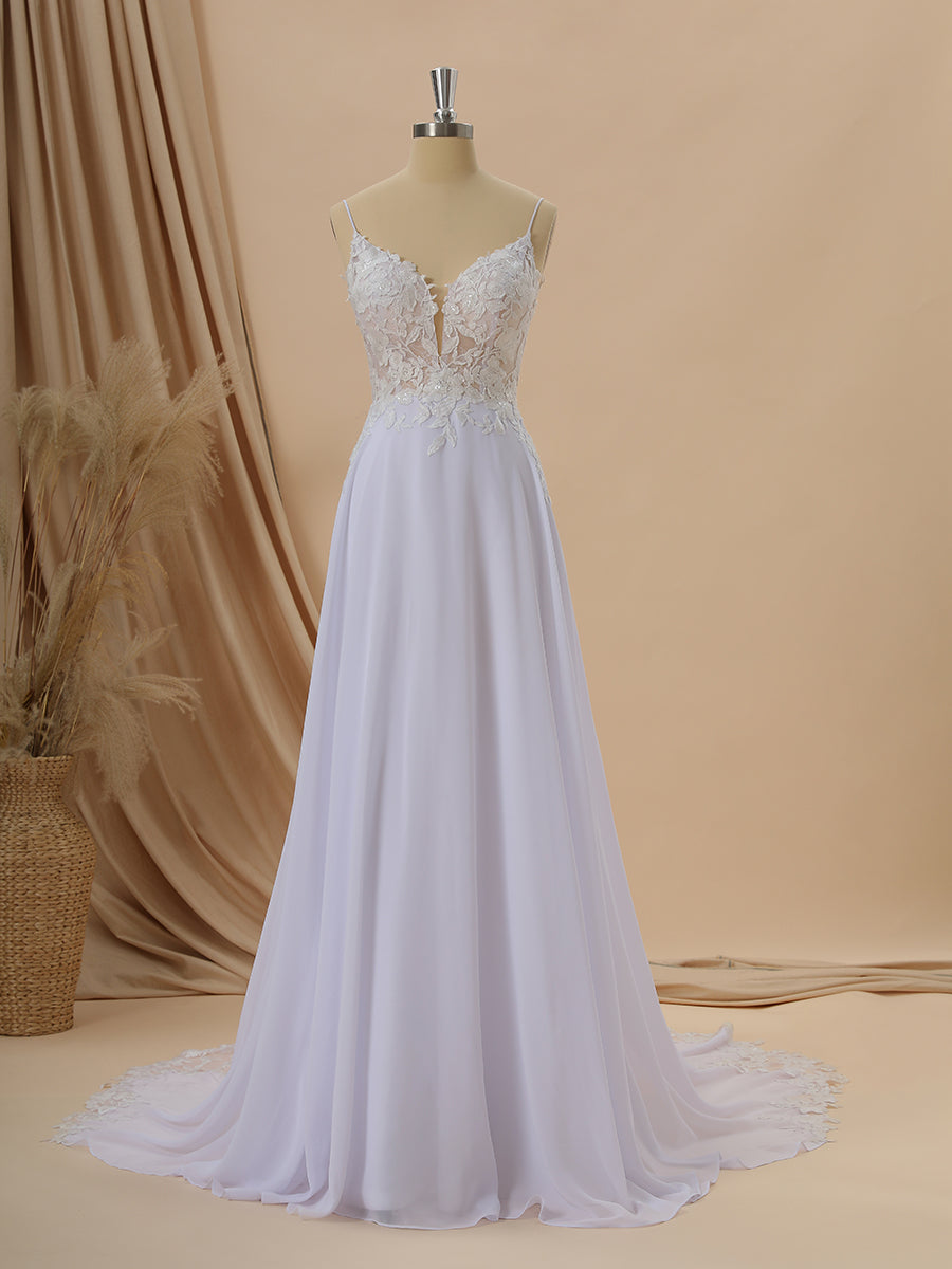 A-line Chiffon V-neck Appliques Lace Cathedral Train Wedding Dress