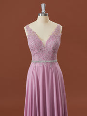 A-line Chiffon V-neck Appliques Lace Floor-Length Bridesmaid Dress