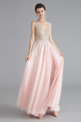 A Line Crystal Pink Split V Neck Backless Beaded Prom Dresses