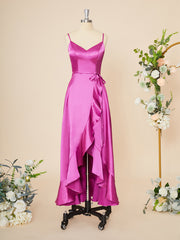A-line Elastic Woven Satin V-neck Ruffles Asymmetrical Dress
