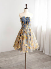 A-Line Gold/Blue Lace Short Prom Dress Outfits For Girls, Cute Homecoming Dress Outfits For Women with Beading