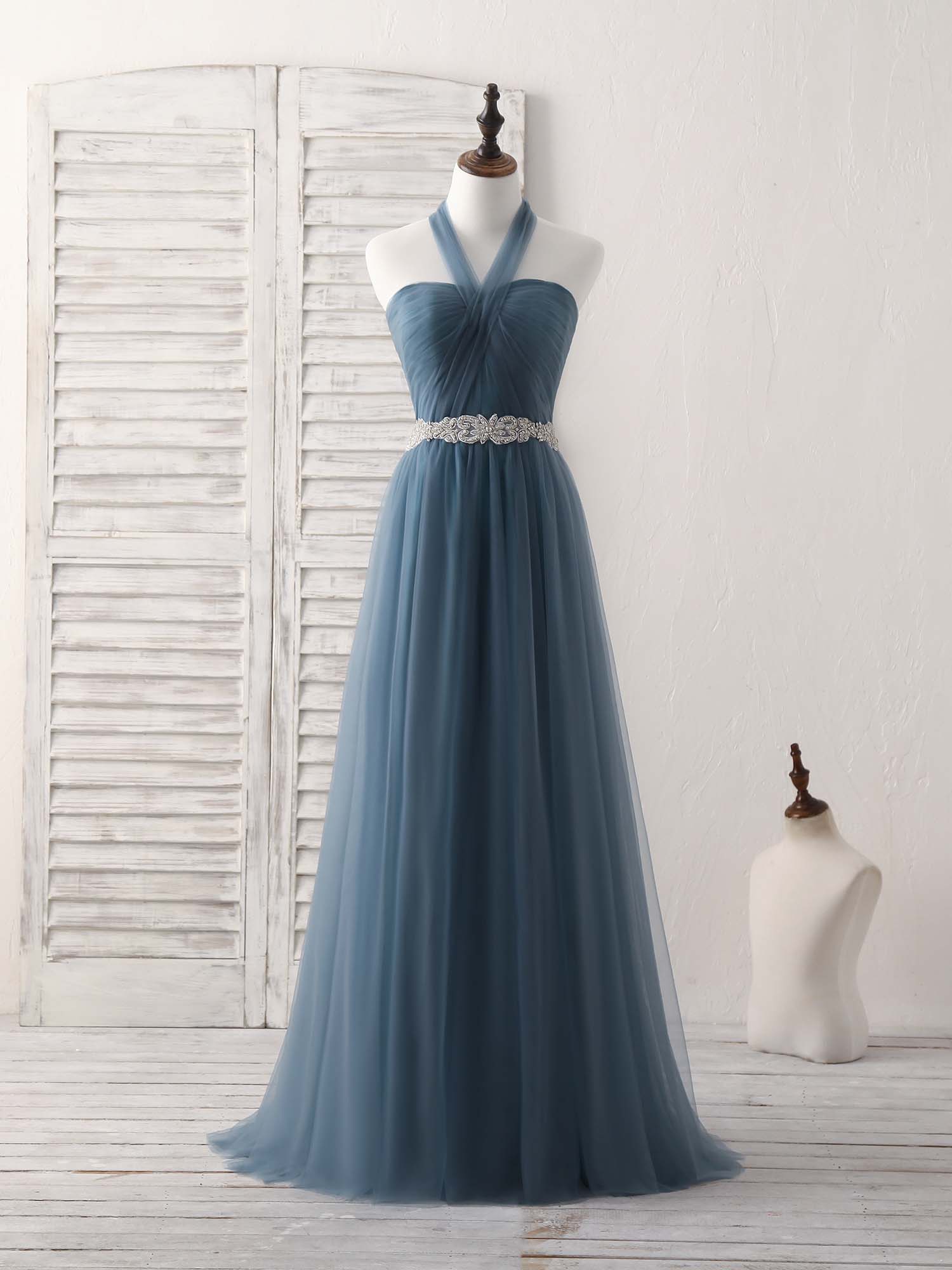 A-Line Gray Blue Tulle Long Bridesmaid Dress Outfits For Women Gray Blue Prom Dress
