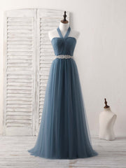 A-Line Gray Blue Tulle Long Bridesmaid Dress Outfits For Women Gray Blue Prom Dress