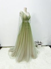 A-line Green Gradient Puffy Sleeves Tulle Long Party Dress Outfits For Girls, Green Long Prom Dress