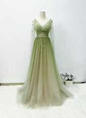 A-line Green Gradient Puffy Sleeves Tulle Long Party Dress Outfits For Girls, Green Long Prom Dress