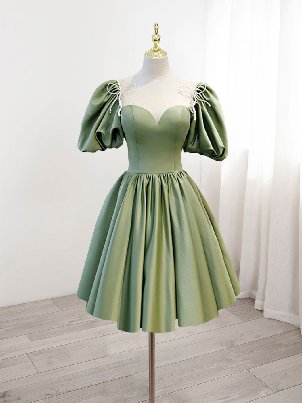 A-Line Green Puffy Sleeve Satin Short Prom Dress Outfits For Girls, Green Short Formal Dress