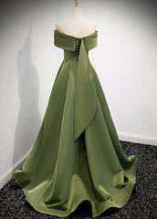 A-line Green Satin Off Shoulder Long Evening Dress Outfits For Girls, Green Floor Length Prom Dress