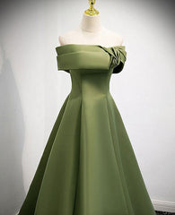 A-line Green Satin Off Shoulder Long Evening Dress Outfits For Girls, Green Floor Length Prom Dress