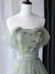 A-Line Green Tulle Long Prom Dress Outfits For Girls,Unique Formal Evening Dresses