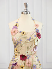 A-line Halter Flower Corset Short/Mini Lace Dress