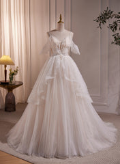 A-line Ivory Beaded Tulle Long Wedding Party Dress Outfits For Girls, Ivory Tulle Floor Length Prom Dress