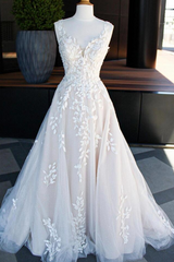 A-Line V Neck Lace Appliques Wedding Dress