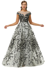 A-line Jewel Beaded Floor-length cap sleeve Sequined Prom Dresses