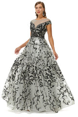 A-line Jewel Beaded Floor-length cap sleeve Sequined Prom Dresses