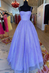 A-Line Lavender Shiny Tulle Prom Dress Outfits For Girls, Long Spaghetti Strap Evening Dress
