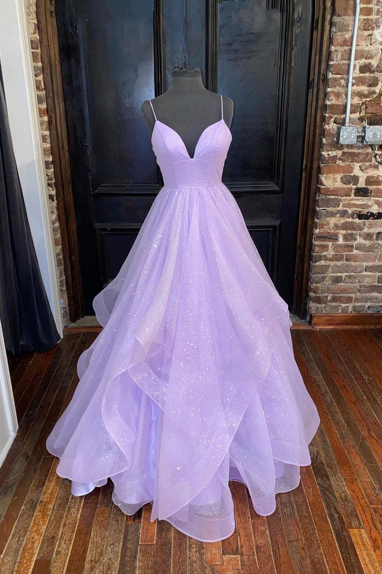A-Line Lavender Shiny Tulle Prom Dresses For Black girls For Women, Long Spaghetti Strap Evening Dresses