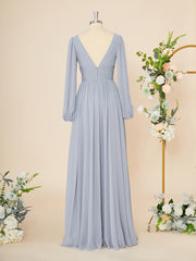 A-line Long Sleeves Chiffon V-neck Pleated Floor-Length Dress
