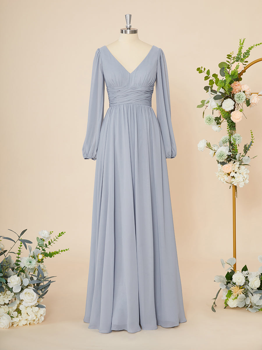 A-line Long Sleeves Chiffon V-neck Pleated Floor-Length Dress
