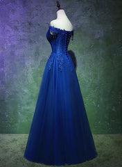 A-line Off Shoulder Blue Beaded and Lace Long Party Dress Outfits For Girls, Blue Formal Dress