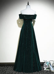 A-line Off Shoulder Green Velvet Simple Party Dress Outfits For Girls, Green Prom Dress Outfits For Women Formal Dress