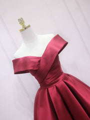 A-Line Off Shoulder Satin Burgundy Short Prom Dress Outfits For Girls, Burgundy Homecoming Dress