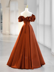 A-Line Off Shoulder Satin Orange Long Prom Dress Outfits For Girls, Orange Formal Evening Dress