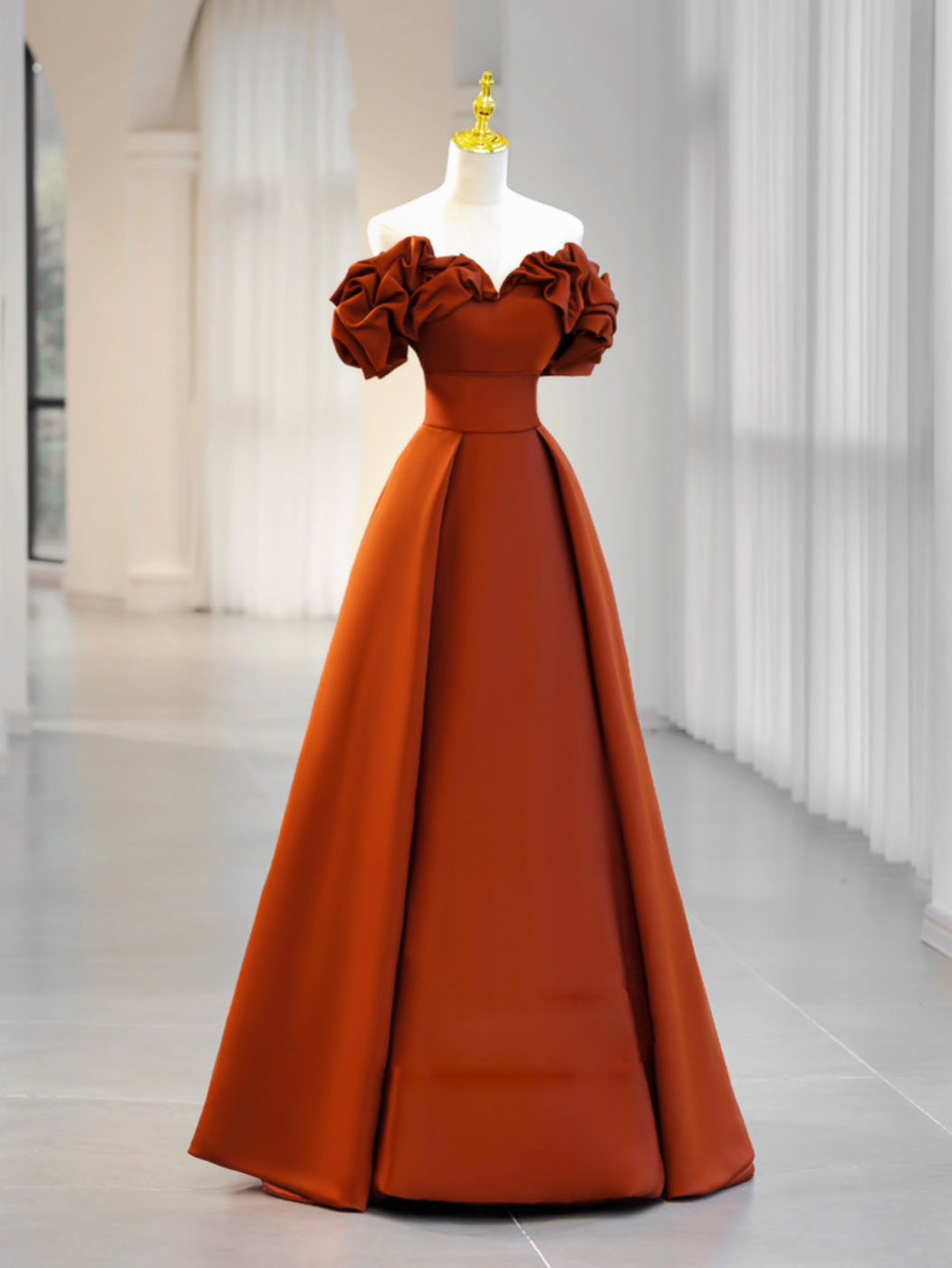 A-Line Off Shoulder Satin Orange Long Prom Dress Outfits For Girls, Orange Formal Evening Dress