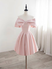 A-Line Off Shoulder Satin Pink Short Prom Dress Outfits For Girls, Pink Homecoming Dress