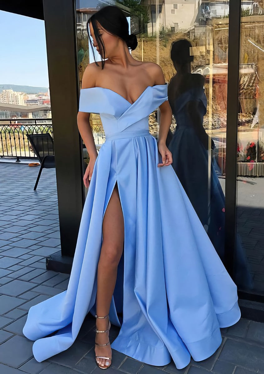 A Line Off The Shoulder Cap Straps Sweep Train Satin Prom Dress Outfits For Women With Pleated Split