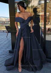 A Line Off The Shoulder Cap Straps Sweep Train Satin Prom Dress Outfits For Women With Pleated Split