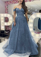 A Line Off The Shoulder Regular Straps Long Floor Length Tulle Prom Dress Outfits For Women With Appliqued Glitter