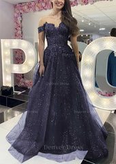 A Line Off The Shoulder Regular Straps Long Floor Length Tulle Prom Dress Outfits For Women With Appliqued Glitter
