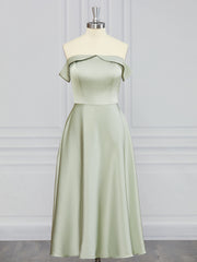 A-line Off-the-Shoulder Ruffles Tea-Length Charmeuse Bridesmaid Dress