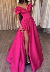 A Line Off The Shoulder Short Sleeve Satin Long Floor Length Prom Dress Outfits For Women With Ruffles Split