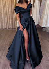 A Line Off The Shoulder Short Sleeve Satin Long Floor Length Prom Dress Outfits For Women With Ruffles Split