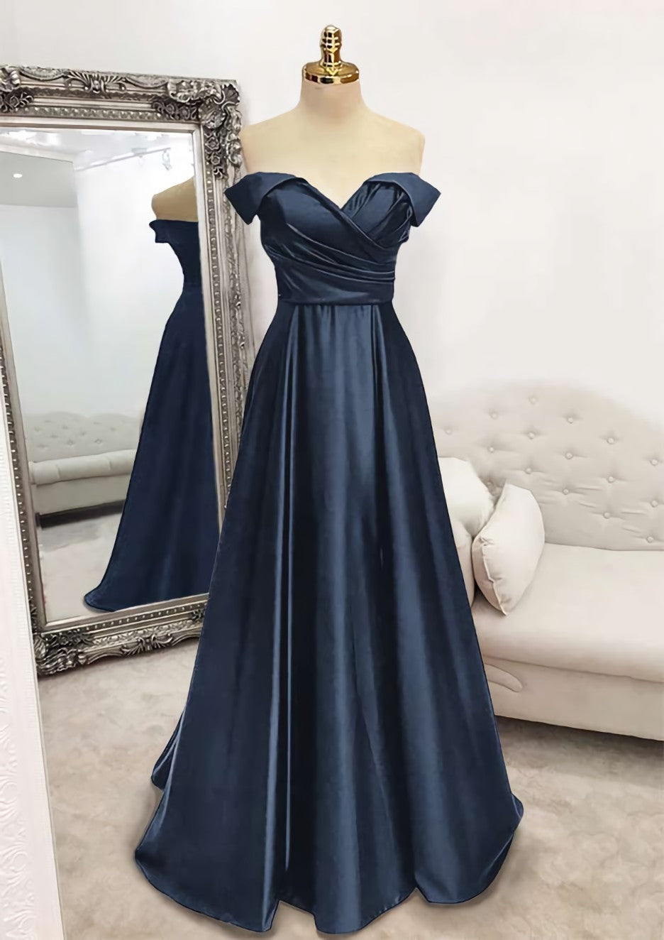 A Line Off The Shoulder Sleeveless Long Floor Length Satin Prom Dress Outfits For Women With Pleated