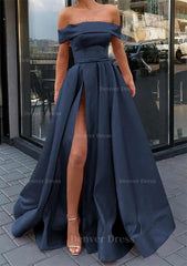 A Line Off The Shoulder Sleeveless Long Floor Length Satin Prom Dress Outfits For Women With Split