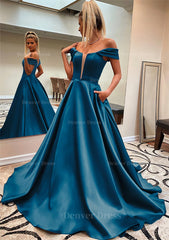 A Line Off The Shoulder Sleeveless Satin Sweep Train Prom Dress Outfits For Women With Pockets