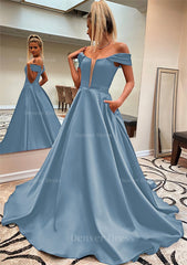 A Line Off The Shoulder Sleeveless Satin Sweep Train Prom Dress Outfits For Women With Pockets