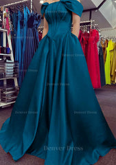 A Line Off The Shoulder Strapless Long Floor Length Satin Prom Dress Outfits For Women With Pleated Pockets