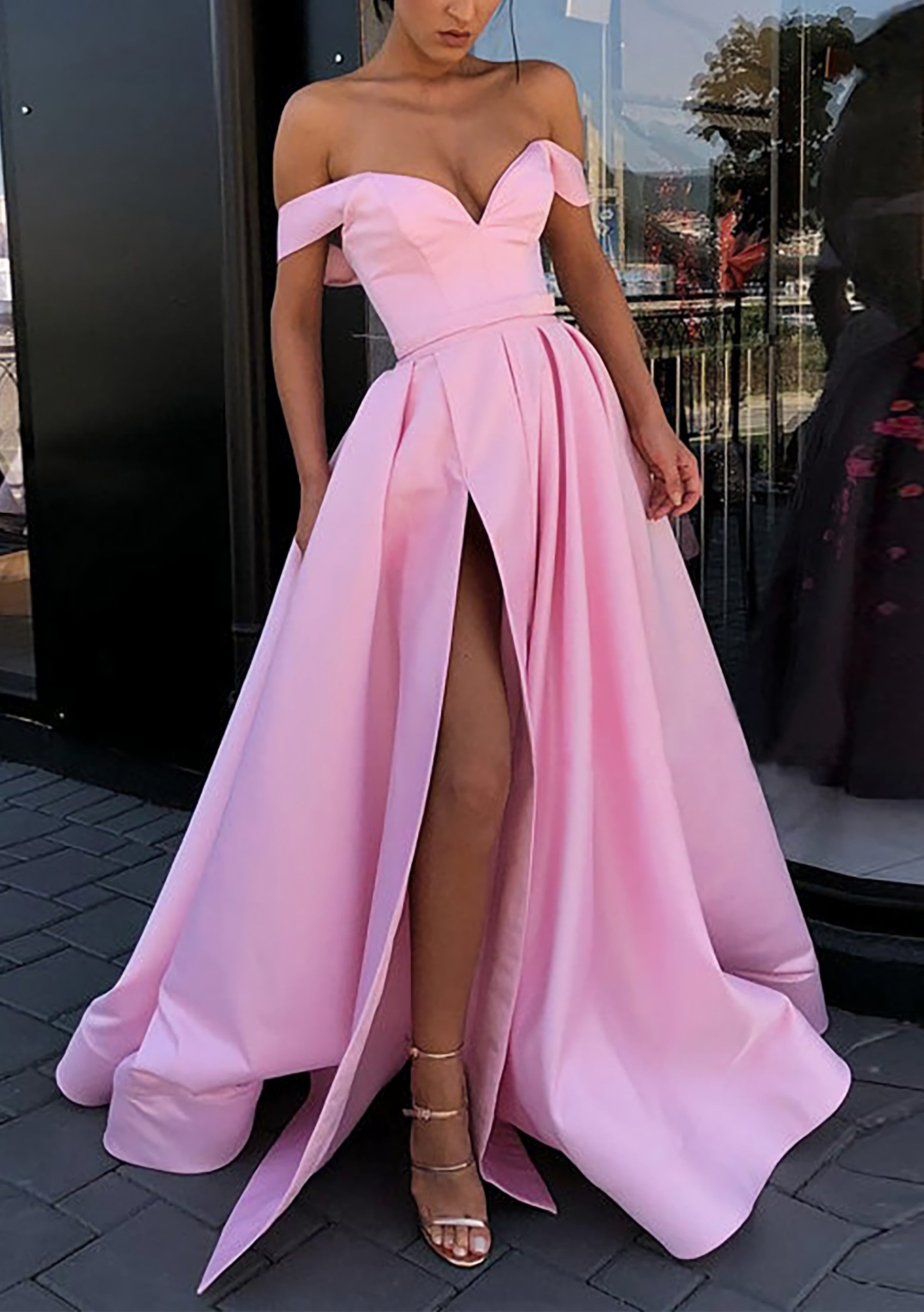A Line Off The Shoulder Strapless Long Floor Length Satin Prom Dress Outfits For Women With Split