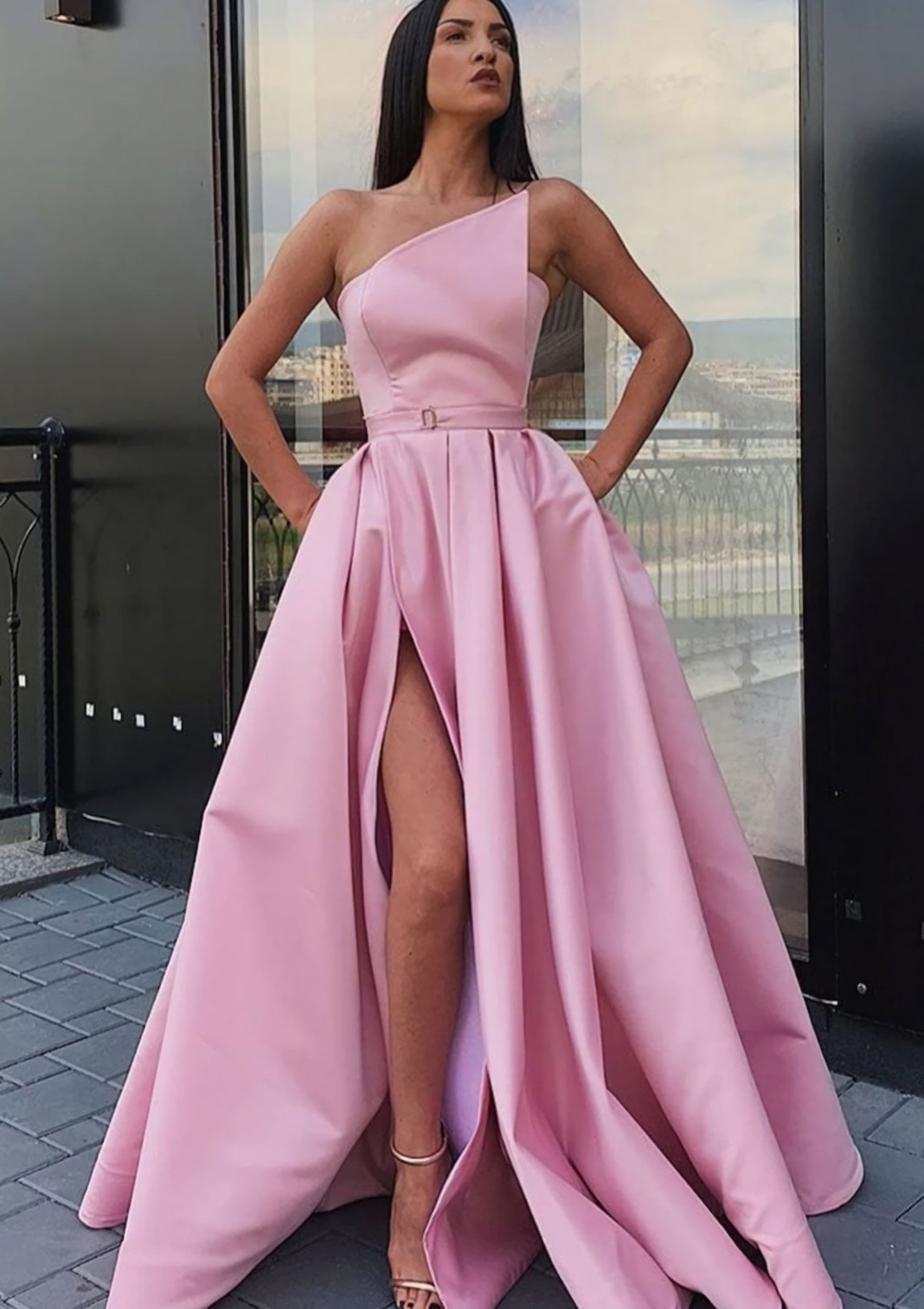 A Line One Shoulder Long Floor Length Satin Prom Dress Outfits For Women With Pockets Waistband Split