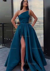 A Line One Shoulder Long Floor Length Satin Prom Dress Outfits For Women With Pockets Waistband Split