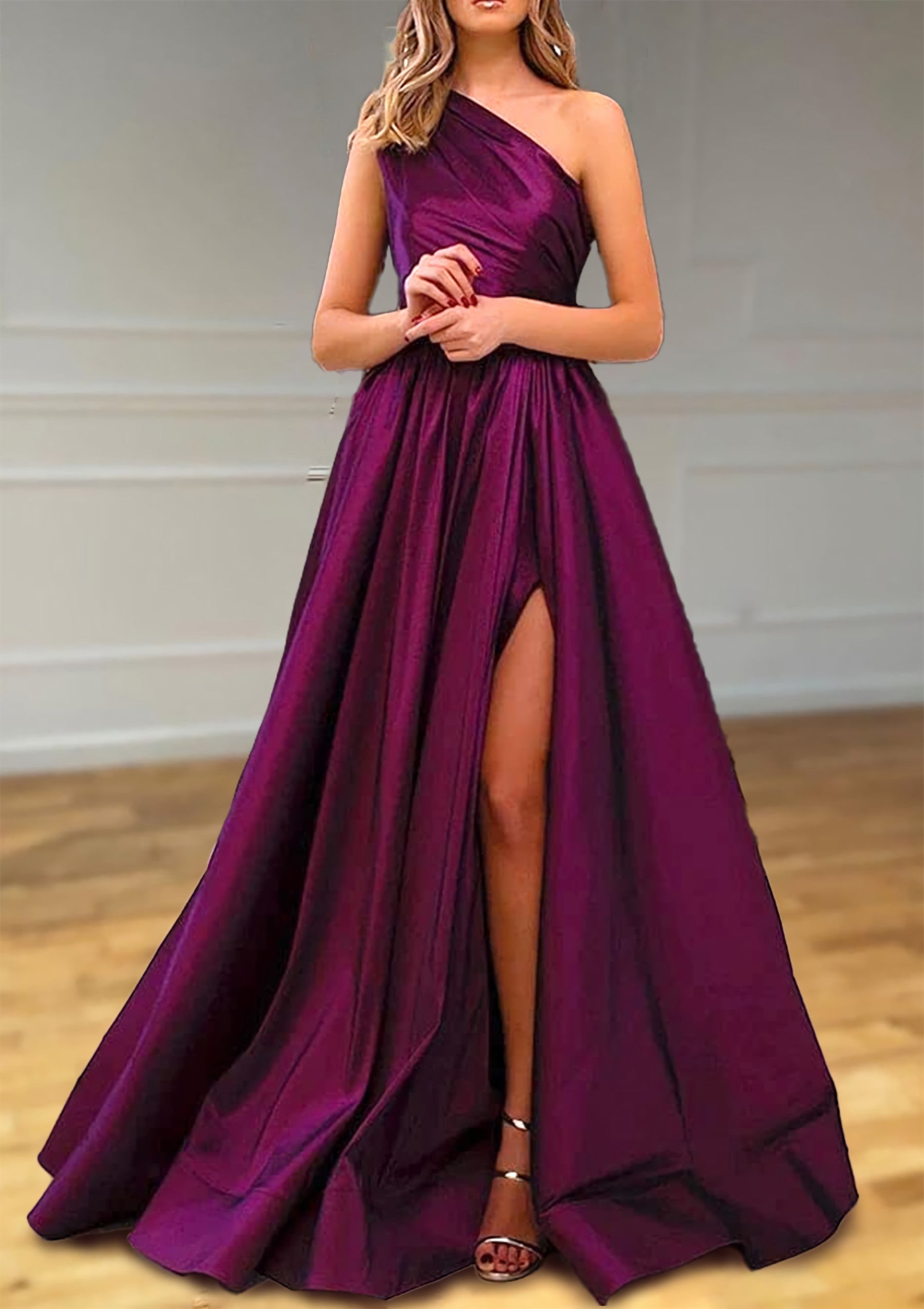 A Line One Shoulder Satin Prom Dress Outfits For Women With Pleated Split