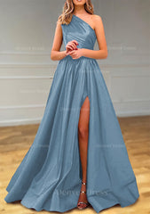 A Line One Shoulder Satin Prom Dress Outfits For Women With Pleated Split